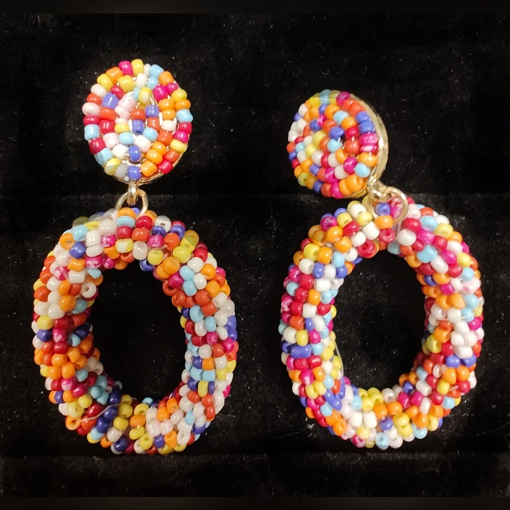Vintage Bold Sugarfix Sead Bead Oval Dangling Earrings In Gold Tone - Picture 4 of 4